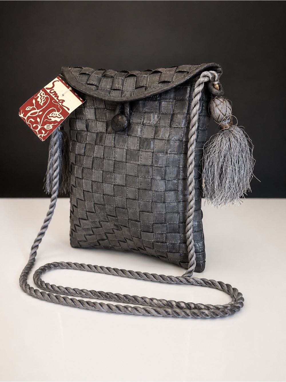 Silver Silk Crossbody Bag Basket Weave Rope Strap Tassle Evening Cocktail NWT